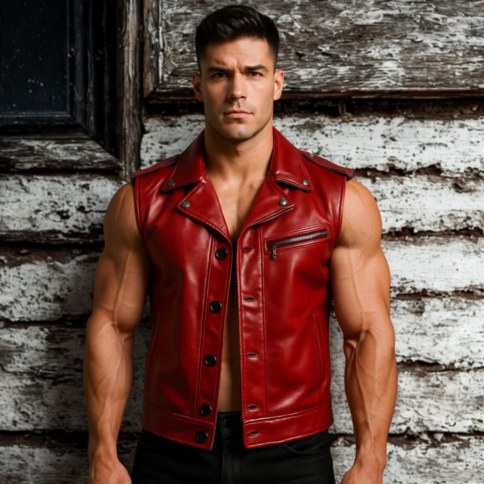Men’s Black Leather Biker Vest | Sleeveless Moto Style Zip-Front Vest with Belt