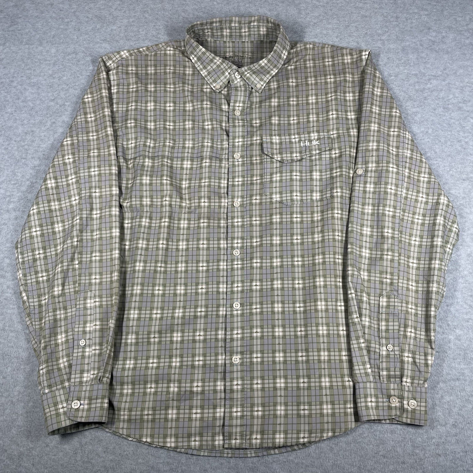 Huk Tide Point Button Up Shirt Men’s Medium Green Gray Long Sleeve Plaid