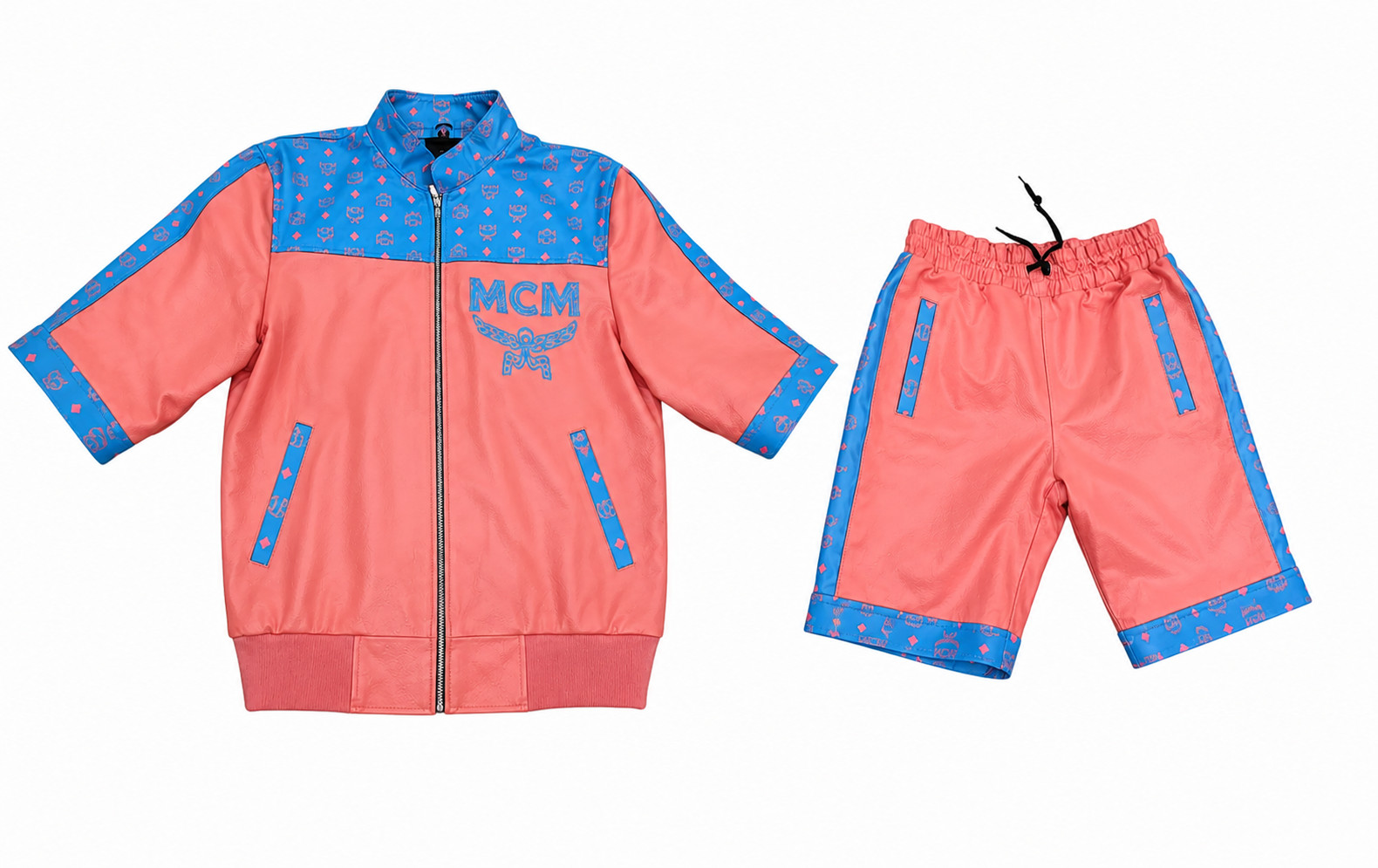 MCM Genuine Leather Tracksuit Set Pink Blue Jacket Shorts Designer Style