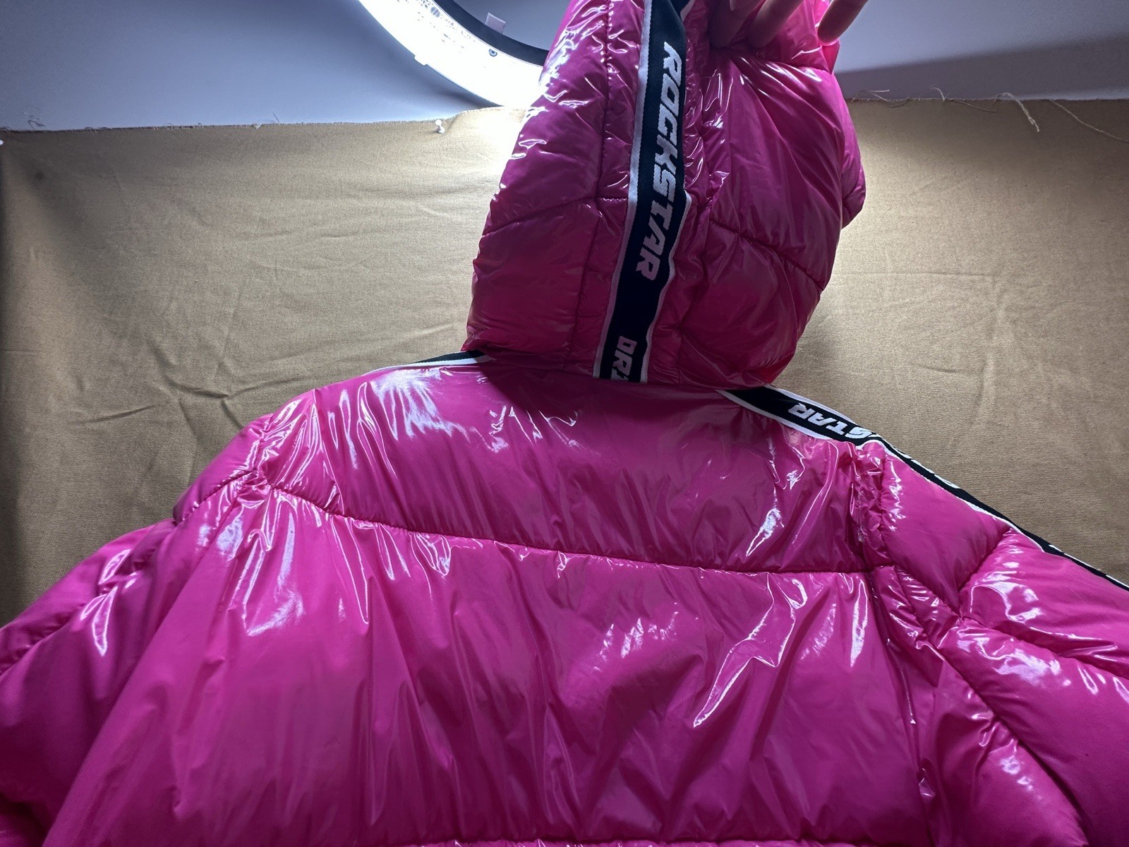 Rockstar Original Pink Hooded Puffer Jacket Zip Pockets Quilted Logo Short M