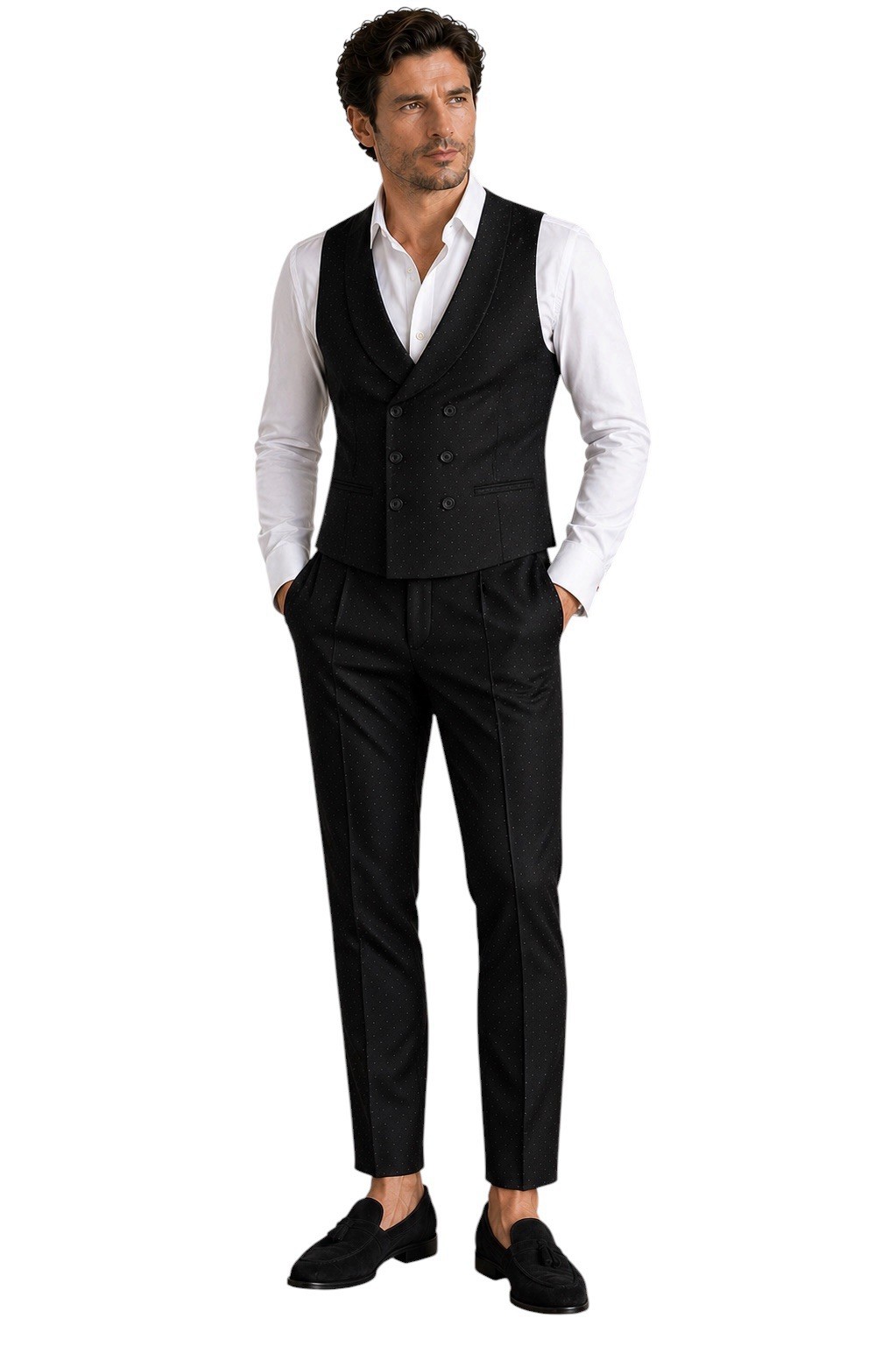 Designer Business Black Pinstripe Mens Suit Waist Pleated Trousers Fitted