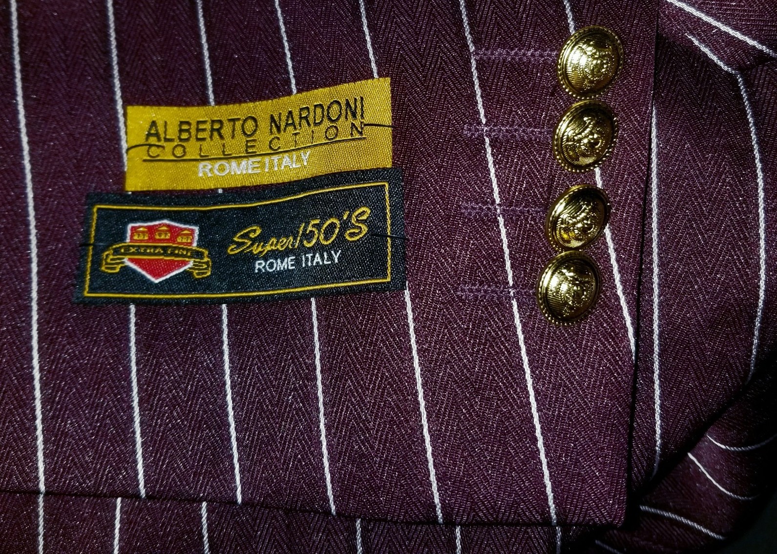 NWT 46R Burgundy Red Pinstripe Gold Button Double Breasted Blazer coat Jacket