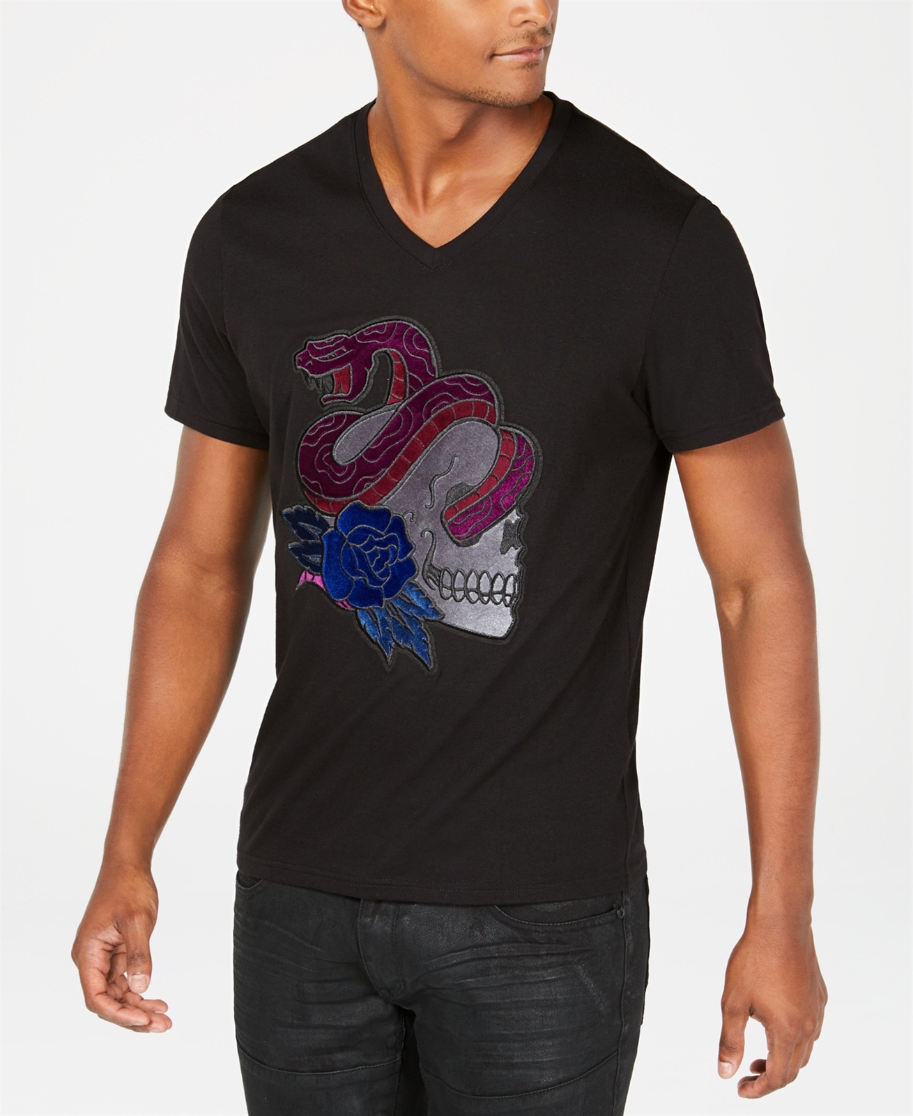 Inc 159894 Men’s Pick Me Up V-Neck Snake Skull Graphic Black T-Shirt Size M