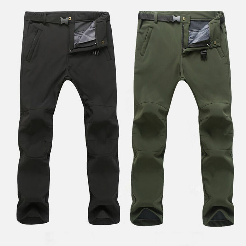 Mens Fleece Lined Soft Shell Pants Waterproof Sport Outdoor Hiking Trousers Slim
