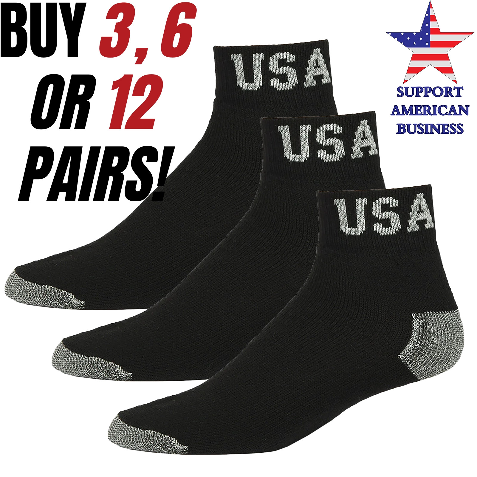 Mens Black Ankle Sport Socks Quarter USA Cotton Crew Sock Size 9-11 10-13 Lot