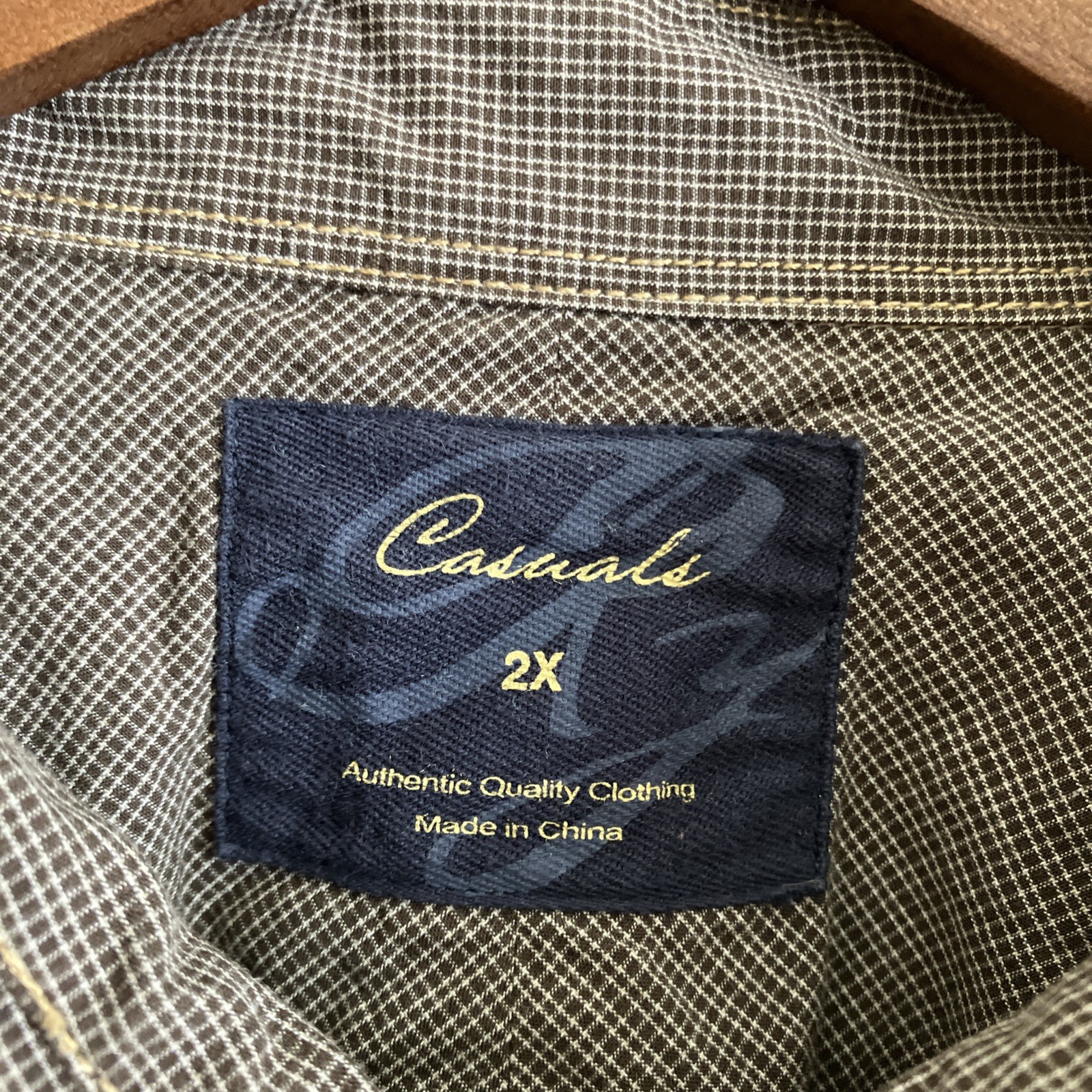 Mens 2X Shirt Brown Micro Plaid Button Up Long Sleeve Cotton Business Casual