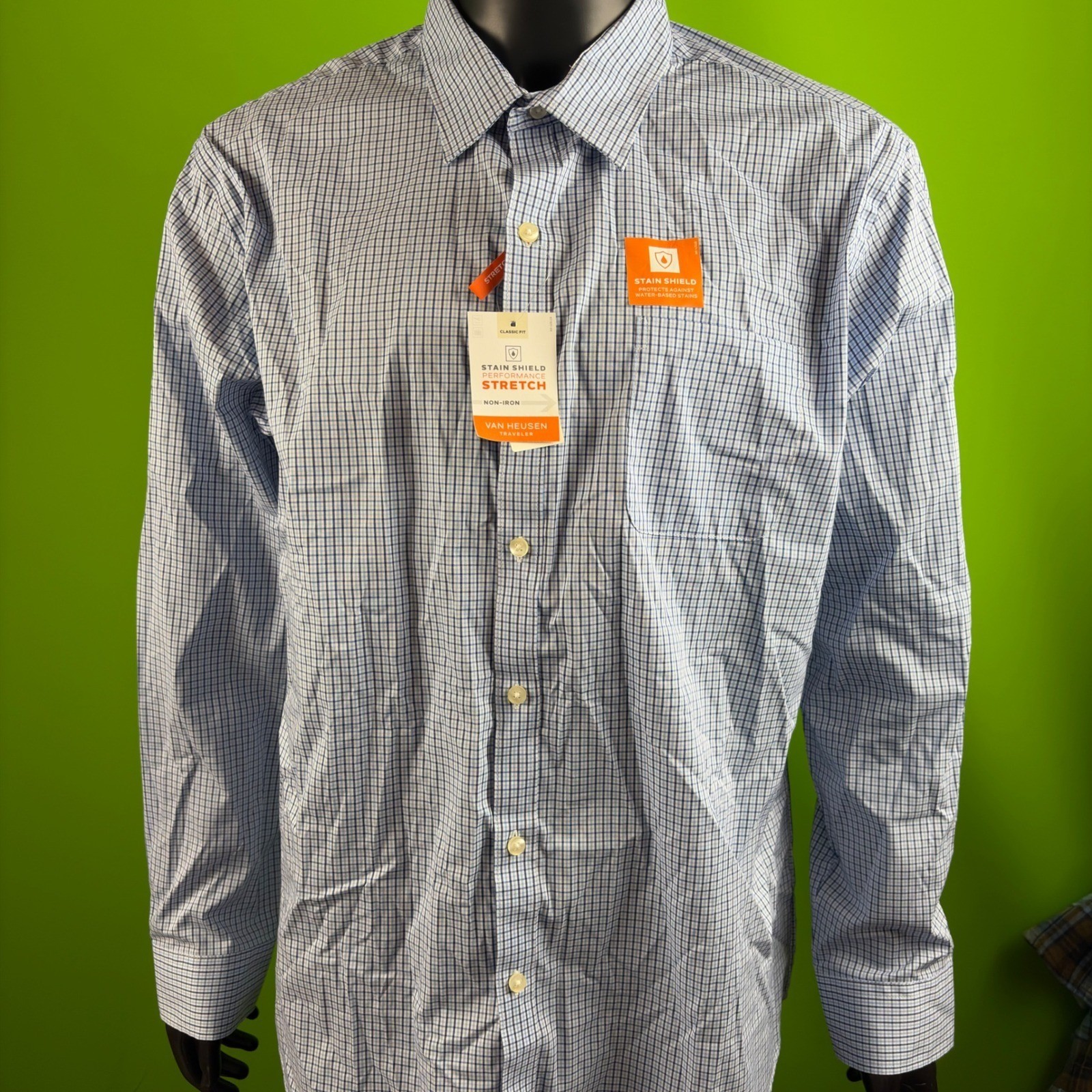 Van Heusen Traveler Mens XL Mazarine Blue Check Stretch Dress Shirt Non-Iron NWT