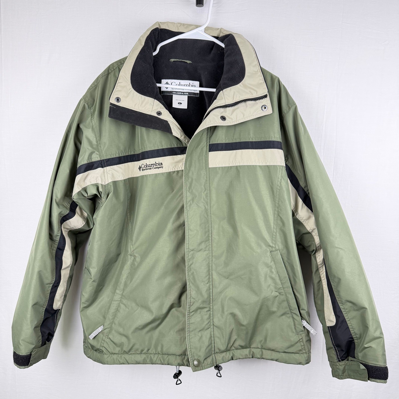 Columbia Mens Green Fleece Lined Striped Winter Ski Jacket Large Olive Tan Black
