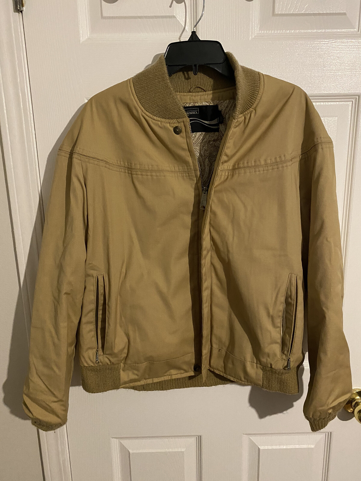 Vintage Montgomery Ward Full Zip Up Jacket Paisley Lining Large Size Tan Color