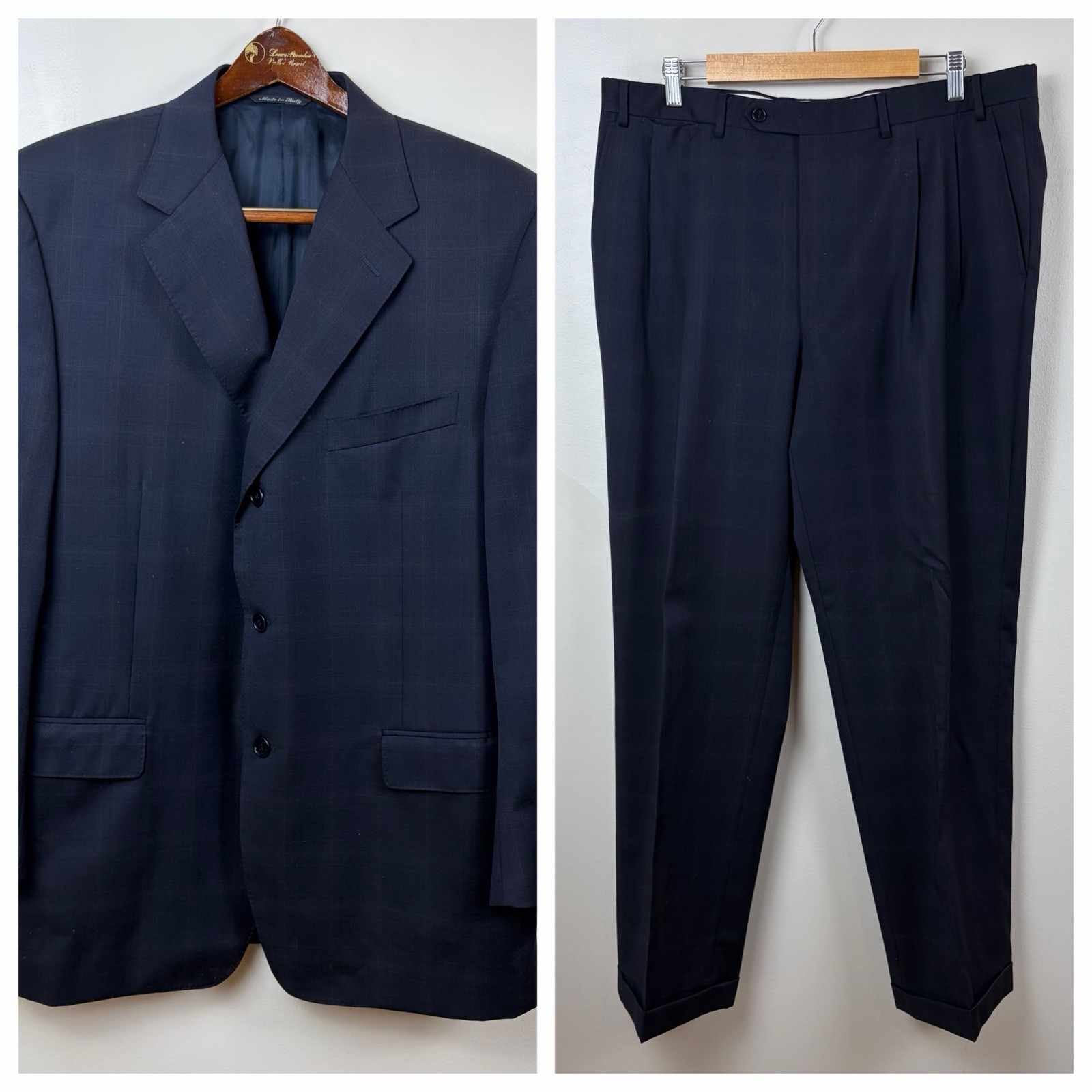 Canali Suit Mens 46R Navy Plaid Pure New Wool Made in Italy Two Piece Set