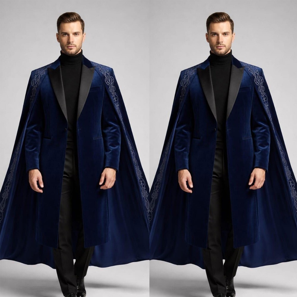 Navy Blue Velvet Men’s Overcoat with Cape Silver Applique Party Prom Long Coat