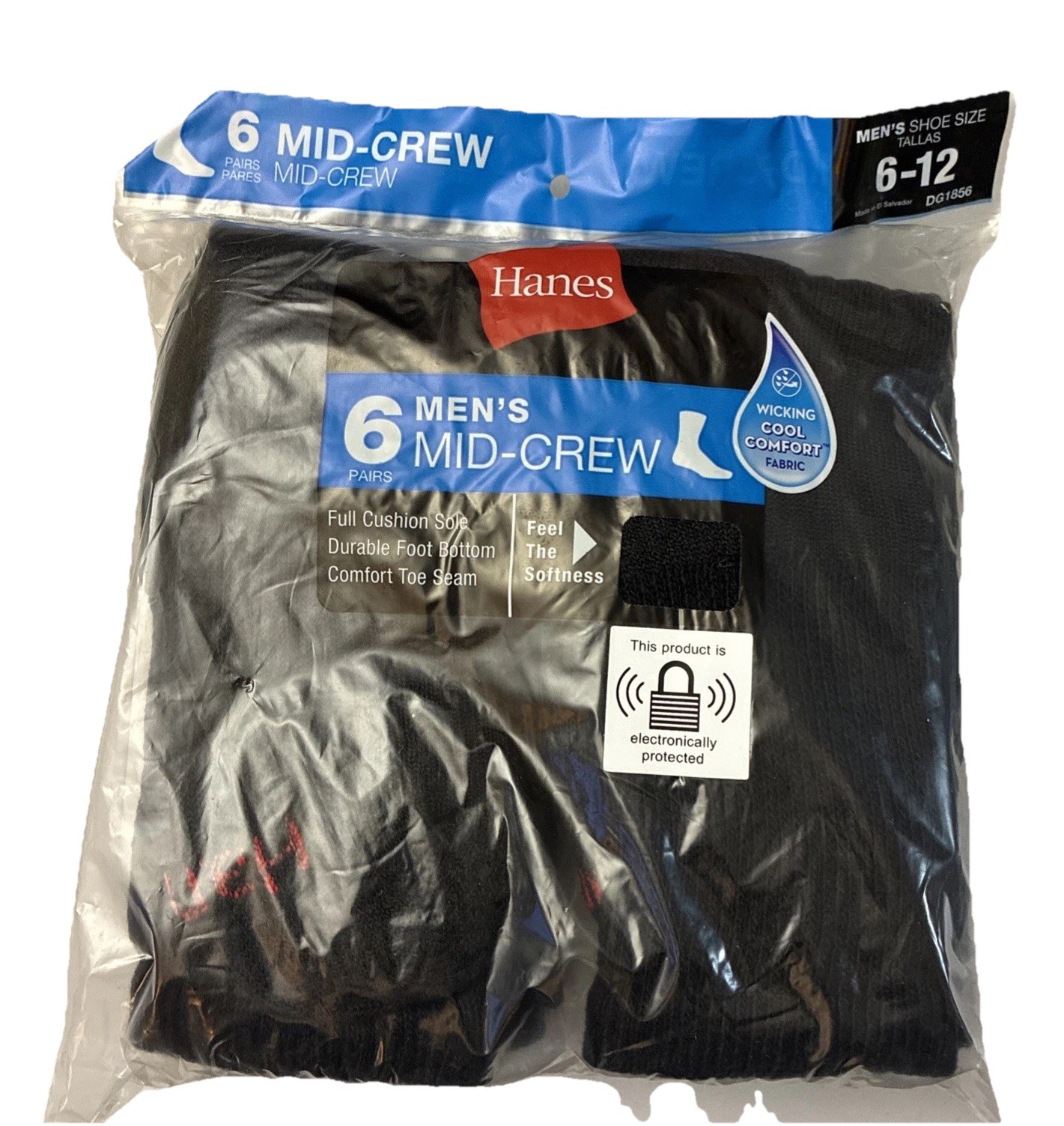 Hanes Men’s Mid Crew Socks Wicking Cool Comfort, Black, 6 Pairs, Shoe Size 6-12