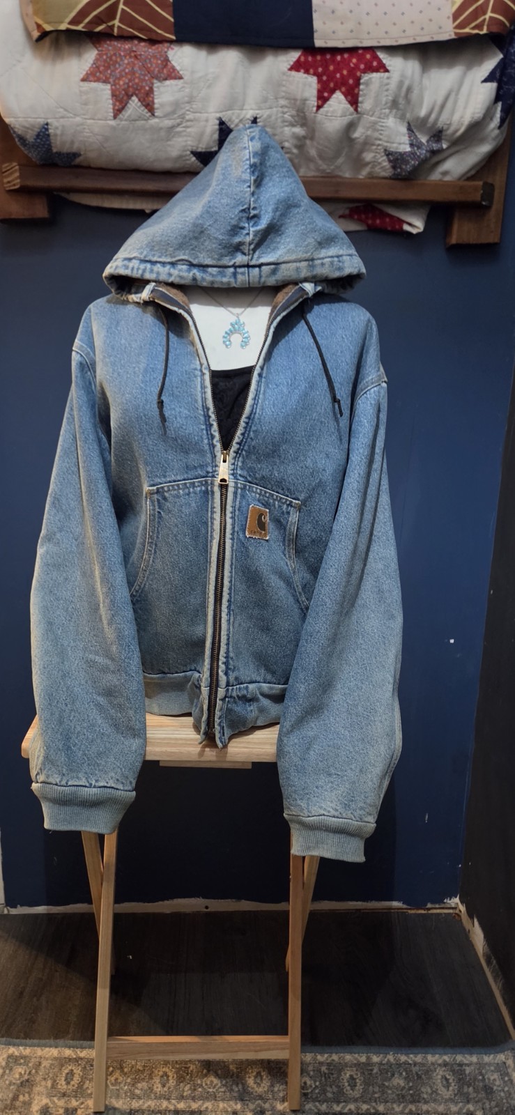 Carhartt Men’s Hooded Lined Full Zip Jacket Blue Cotton Workwear Size L