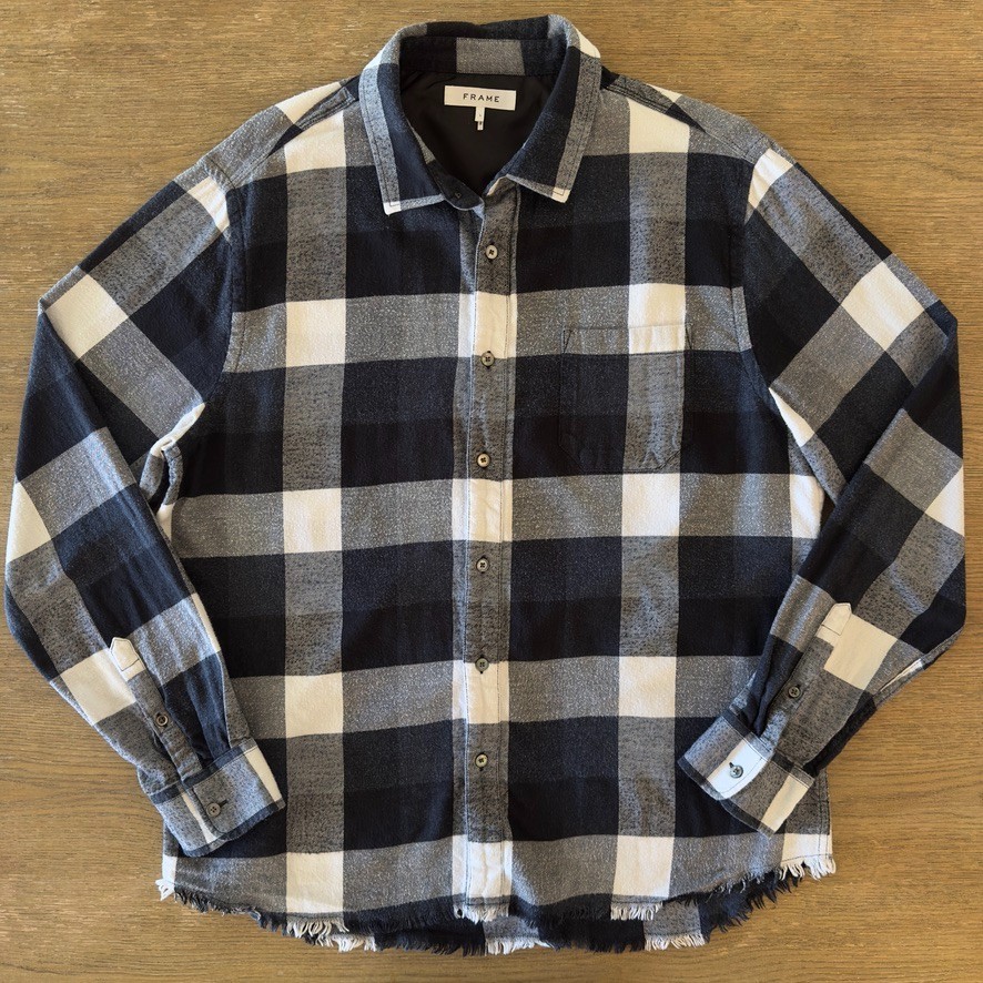 FRAME Mens Buffalo Plaid Flannel-Cotton-Noir Multi-Distressed Raw-edge Hem-Sz L