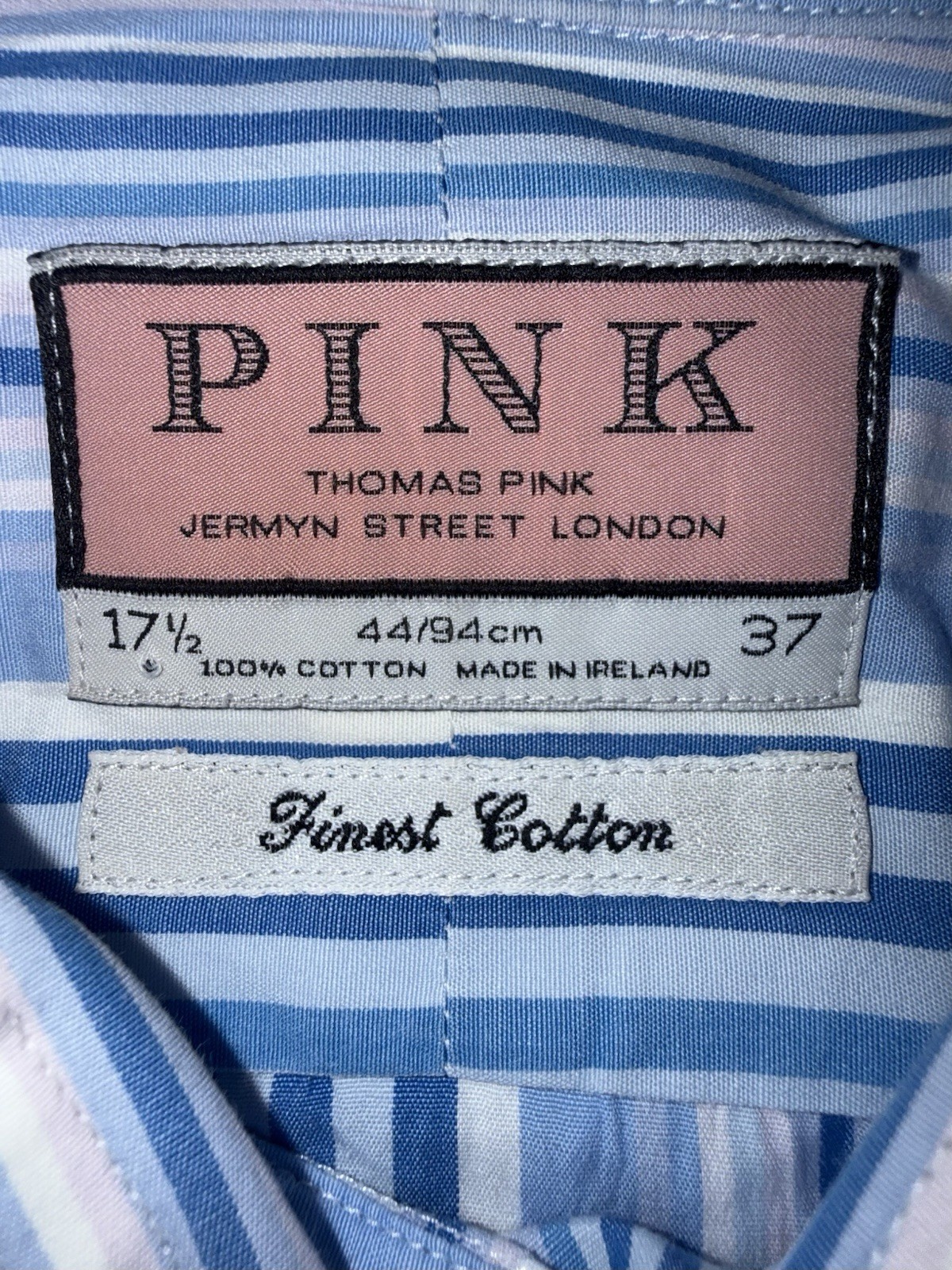 Thomas Pink Blue/White Striped Men’s Dress Shirt 17.5 37 100% Cotton