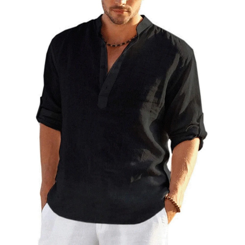 Men’s Cotton Linen Henley Long Sleeve Shirt Casual Beach T-shirt for Summer Gift