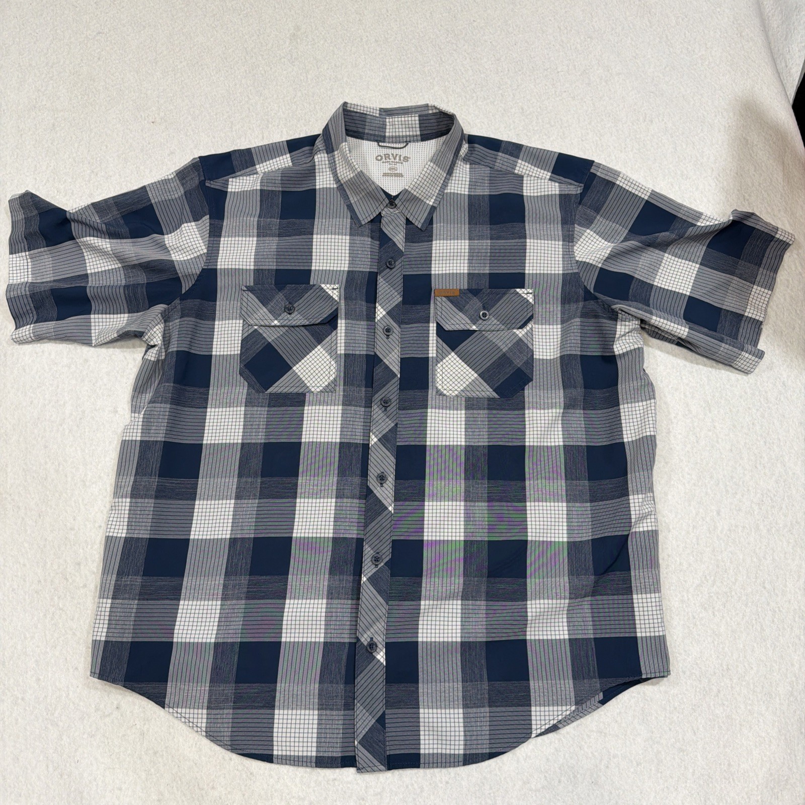 Orvis Short Sleeve Mens XXL Blue Plaid Check Outdoor Hiking Shirt Classic Fish