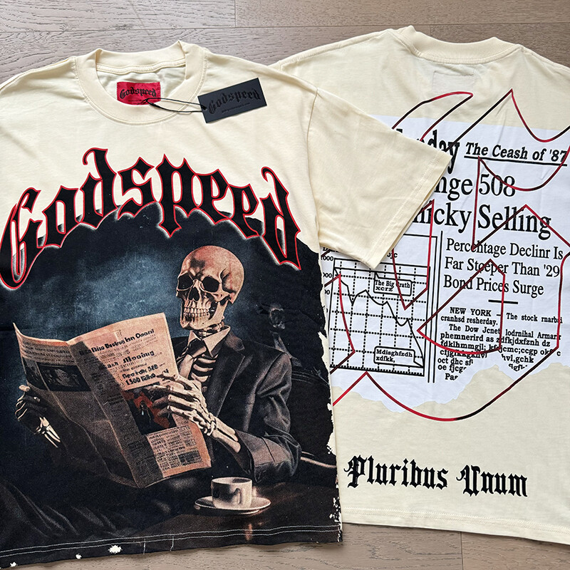 NEW Mens Godspeed Skeleton reading newspapers print Tee Washed T-shirt 2 Color
