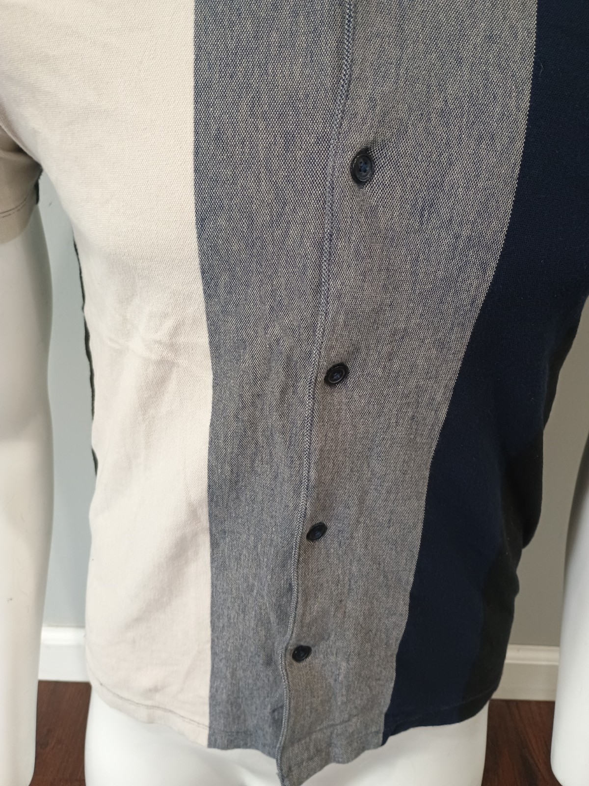 Express SZ S Men’s Knit Button Up Polo Shirt Blue Black Gray Retro Mod Cotton