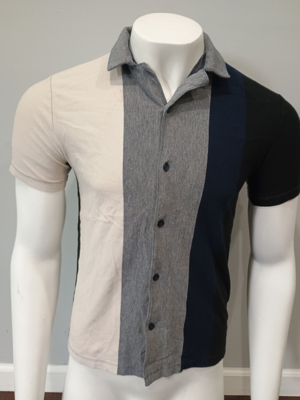 Express SZ S Men’s Knit Button Up Polo Shirt Blue Black Gray Retro Mod Cotton