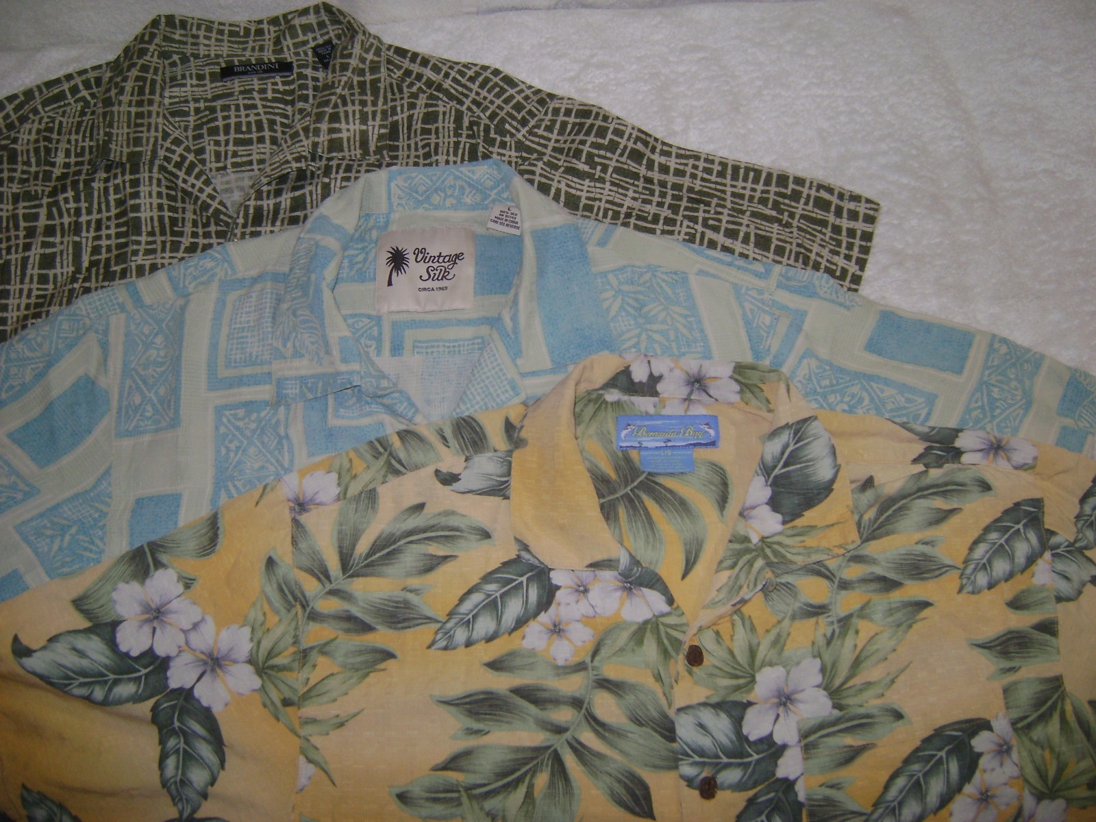 LOT of 3 MENS Lg S/S SILK HAWAIIAN SHIRTS BERMUDA BAY VINTAGE SILK BRANDINI