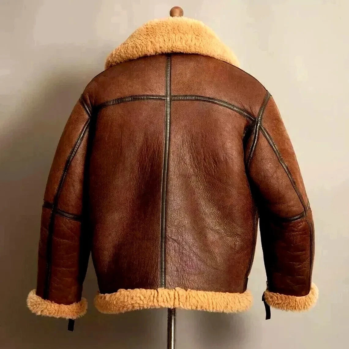 Men’s Brown Bomber Faux Shearling Jacket Real Sheepskin Leather RAF Aviator Coat