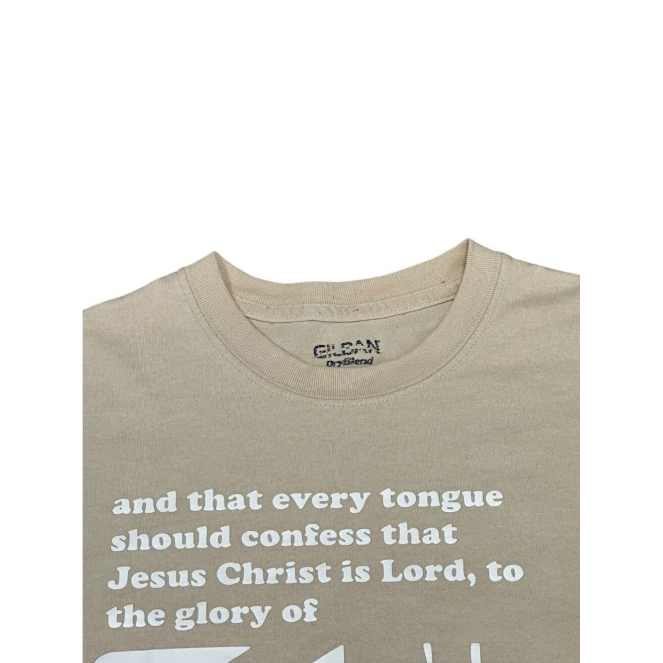 Gildan Dry Blend MGM Laser God The Father Philippians 2:11 Tan Shirt Size XL