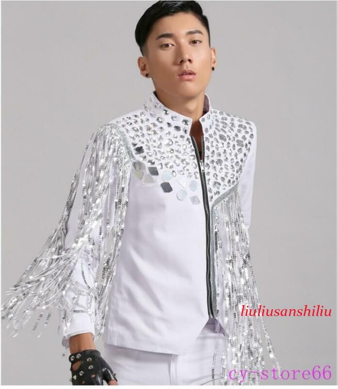 Glitter Men’s Sequins Coat Tassels Jackets Rhinestone Blazer Korean Nightclub SZ