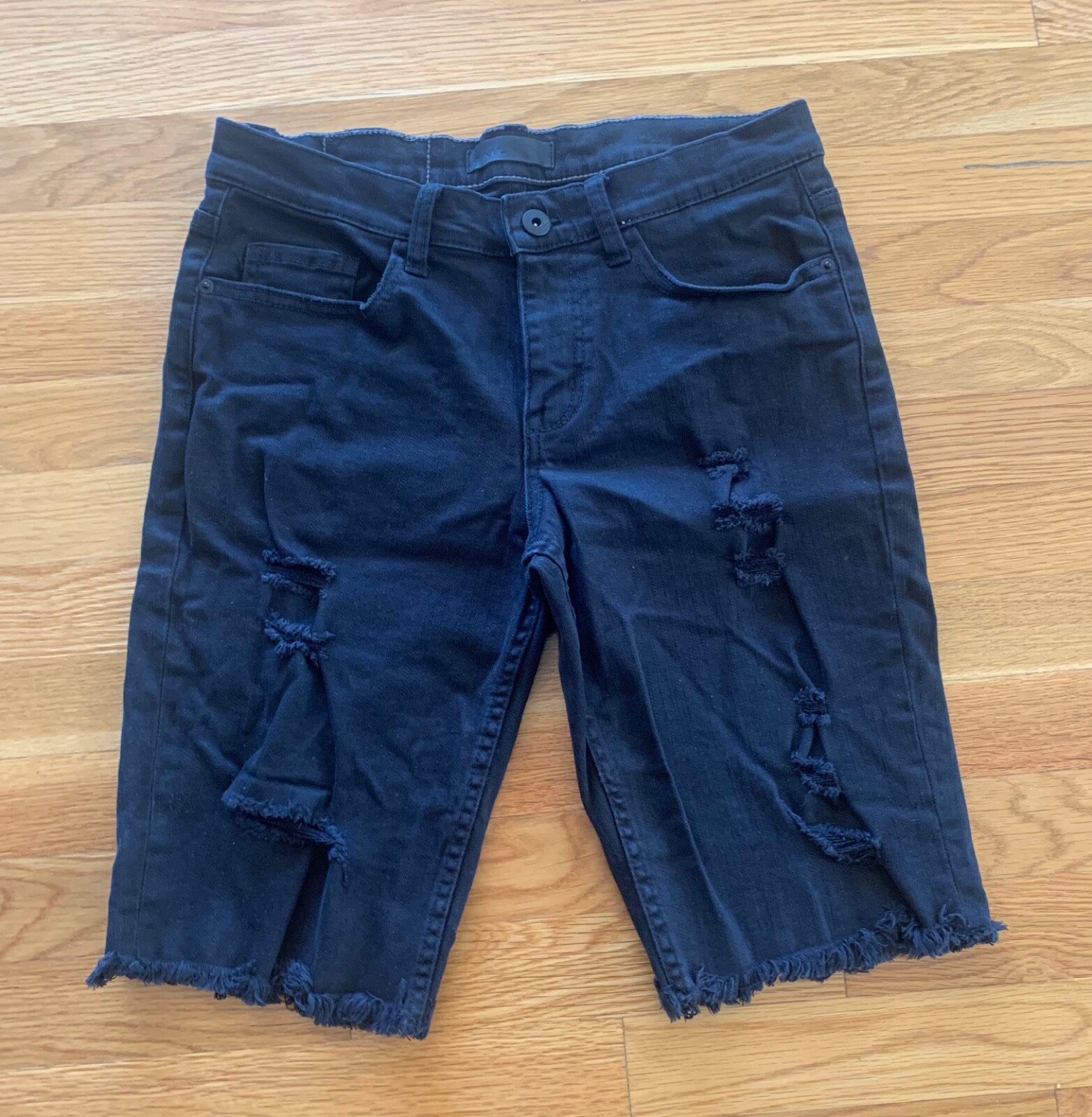 THE RAIL Mens Boys Black Distressed Raw Edge Slim Denim Jean Short Bottom Sz 29