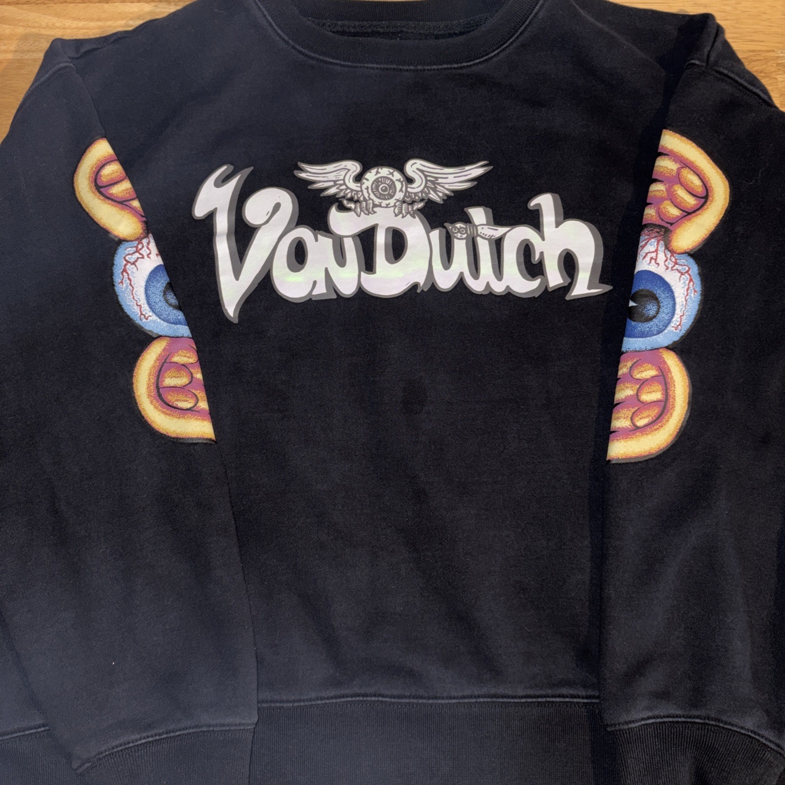 Von Dutch Pullover Mens XL Black Sweater White Logo Eyeball Wings Sleeves Logo
