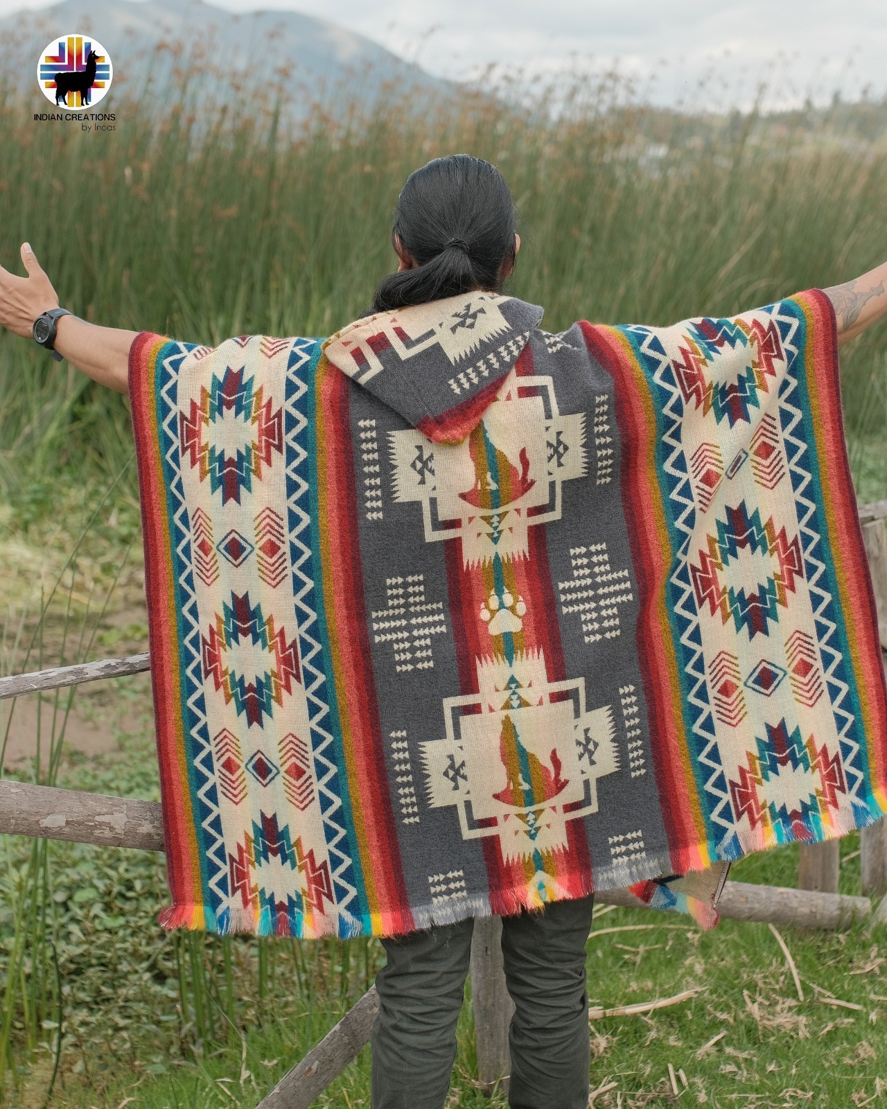 Alpaca Poncho (Grey Wolf Spirit) Handcrafted by Indigenous hands.