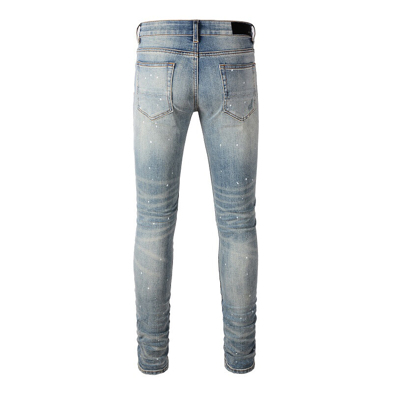 Men’s Vintage Distressed Stretch Denim Skinny Jeans with Patches and Studs