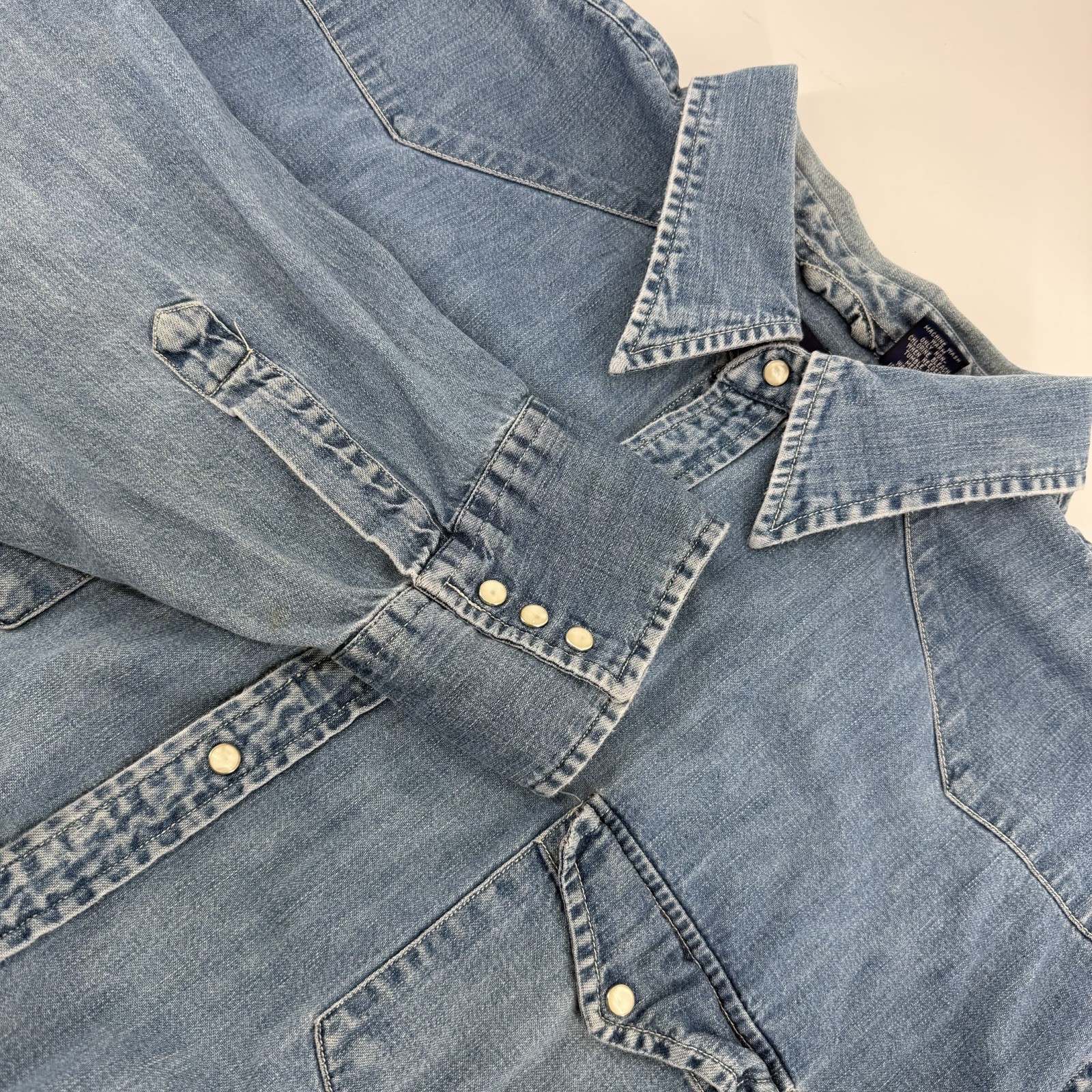 Vtg 90s GAP XXXL Blue Denim Western Pearl Snap Shirt Mens Cowboy Flaw Read
