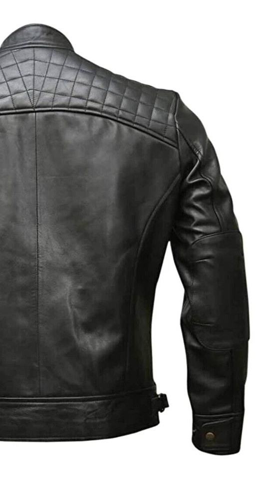 Men’s Black Genuine Leather Biker Jacket Cafe Racer Motorcycle Zip Coat
