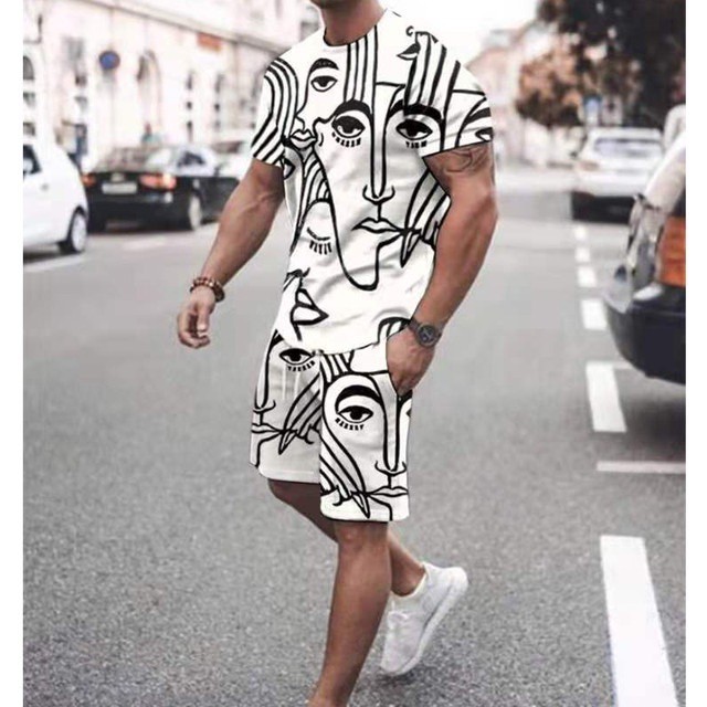 Men’s 3D set street casual men’s shorts crew neck short sleeve T-shirt