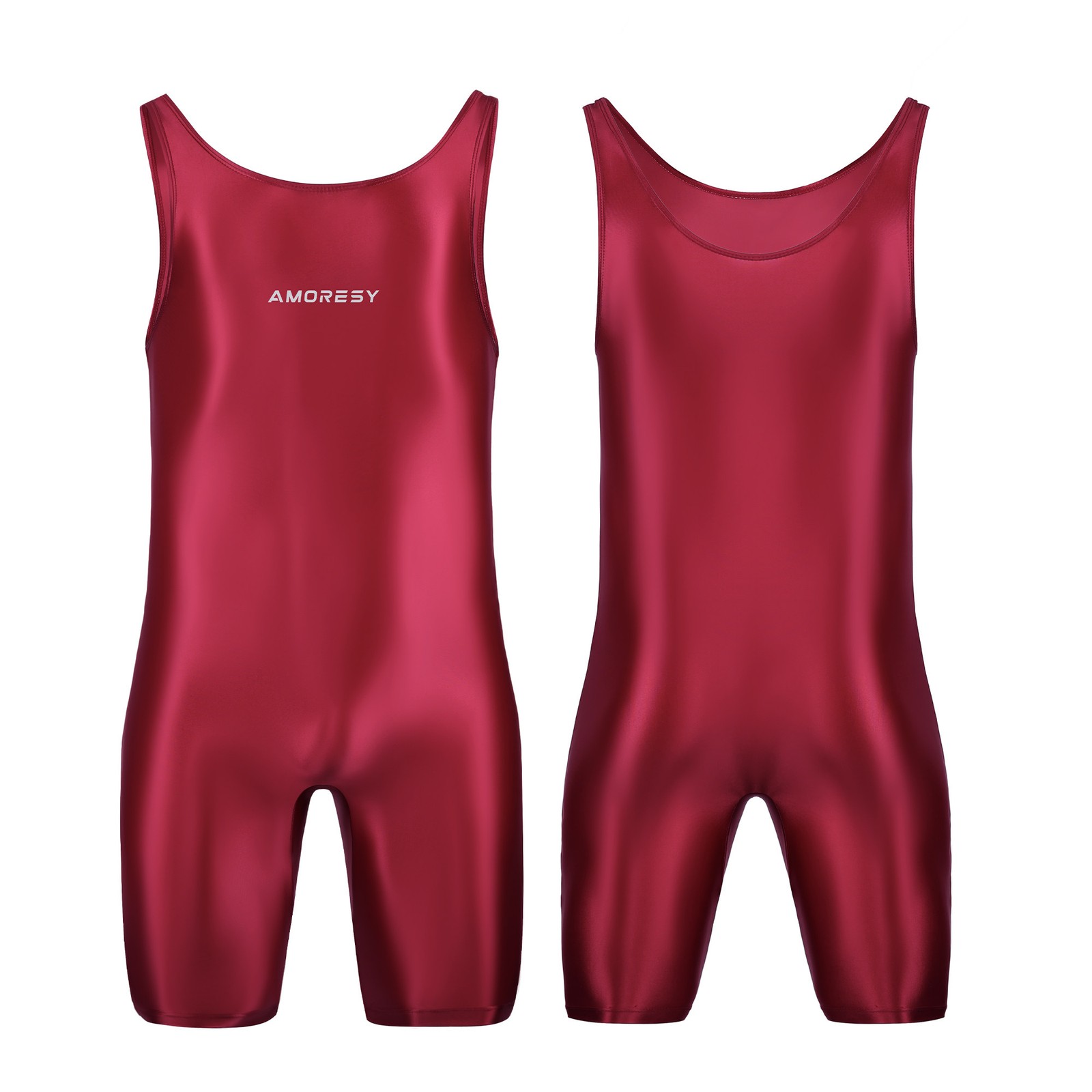 AMORESY Men Satin Oil Tracksuits Running Fitness Yoga Tights Sleeveless Bodysuit