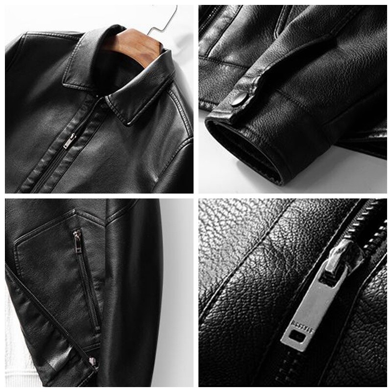 Mens PU Leather Biker Jacket Windproof Waterproof Zip Pockets