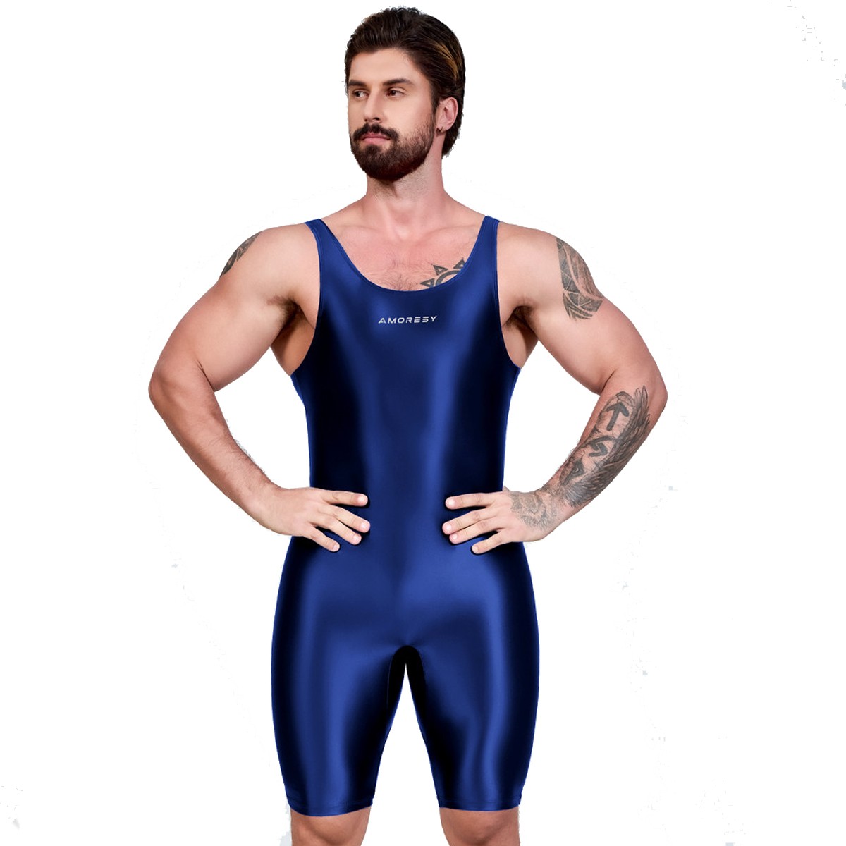 AMORESY Men Satin Oil Tracksuits Running Fitness Yoga Tights Sleeveless Bodysuit