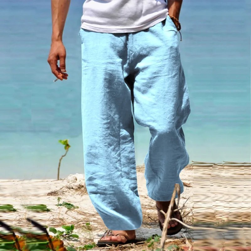 Mens Cotton Linen Loose Pants Casual Drawstring Beach Yoga Baggy Long Trousers