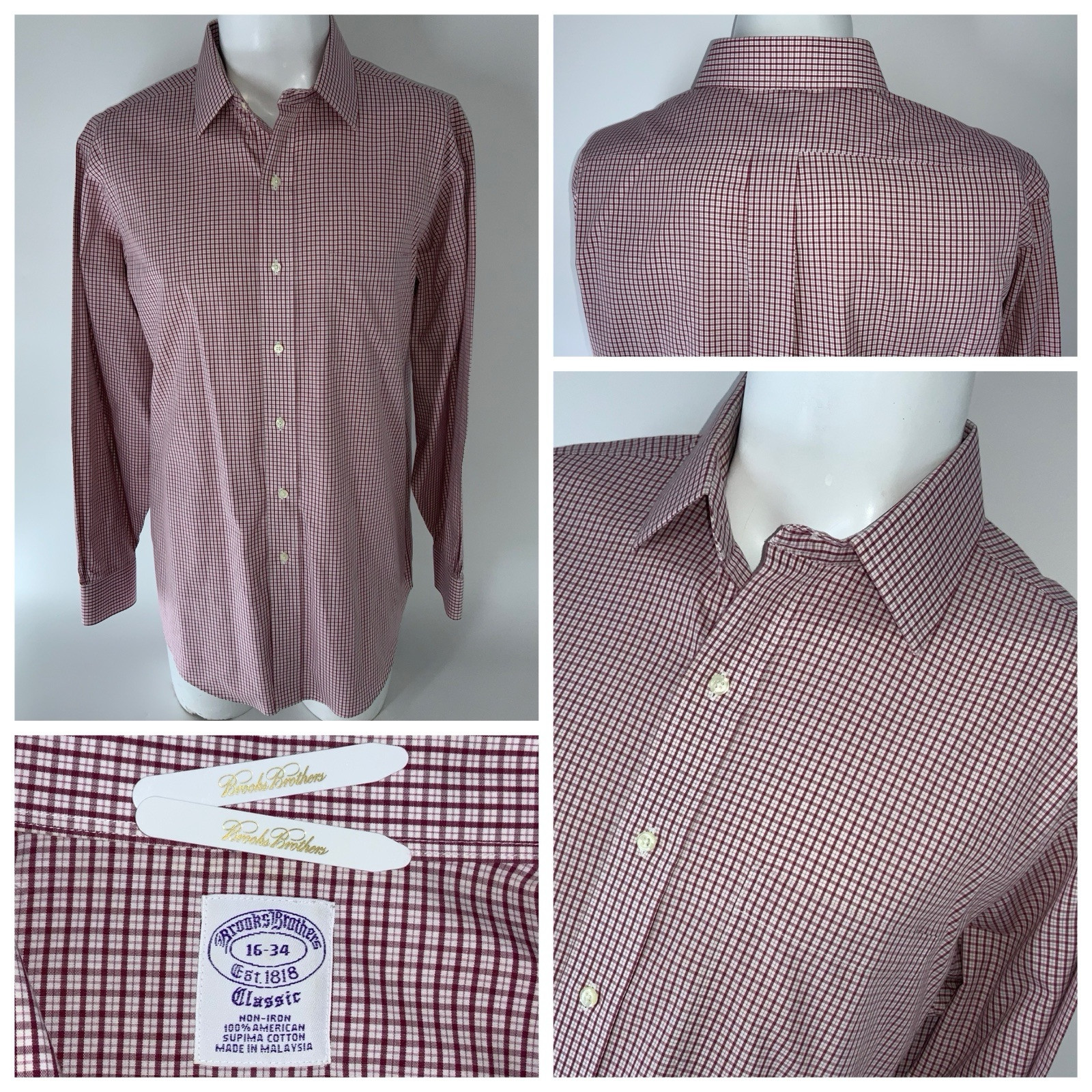 Brooks Brothers Classic Dress Shirt Men’s 16 34 Red Check Cotton YGI S1-378