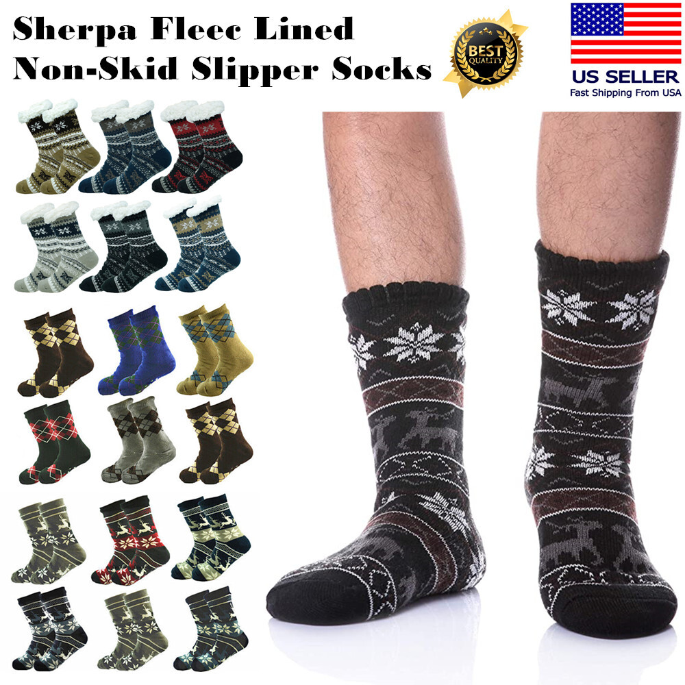 Mens Winter Sherpa Fleece Lined Thick Fuzzy Cozy Thermal Non-Skid Slipper Socks