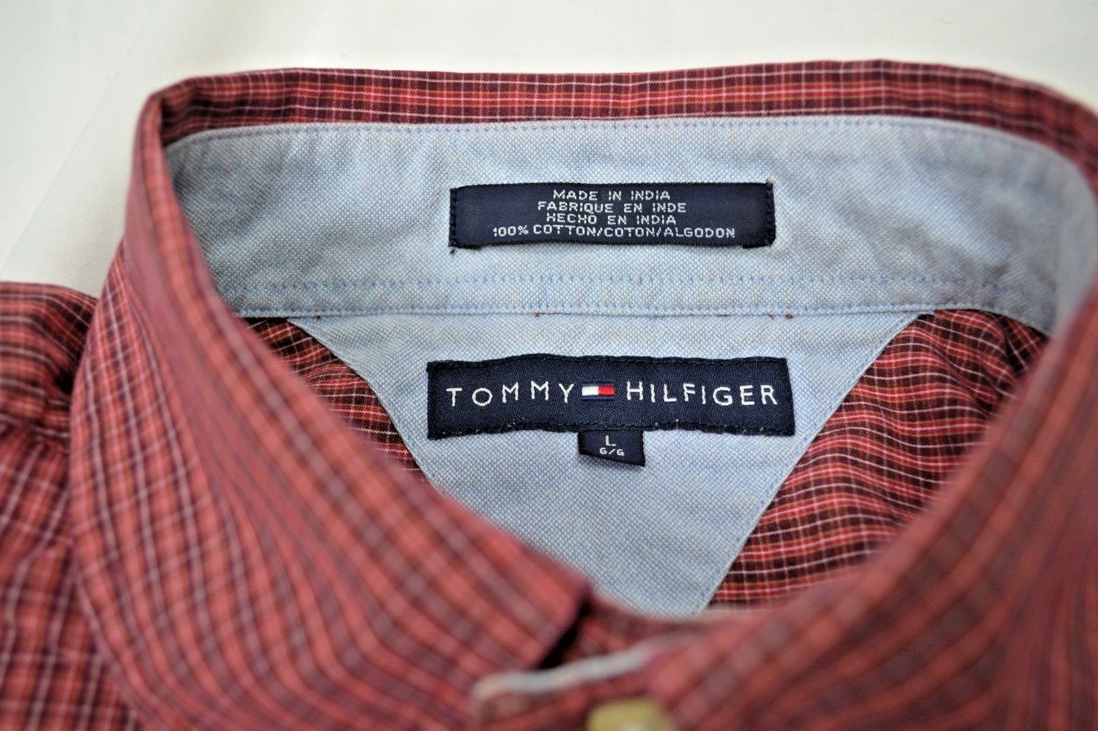 Tommy Hilfiger Men’s Large Shirt Button Down Long Sleeve Red Plaid Front Pocket