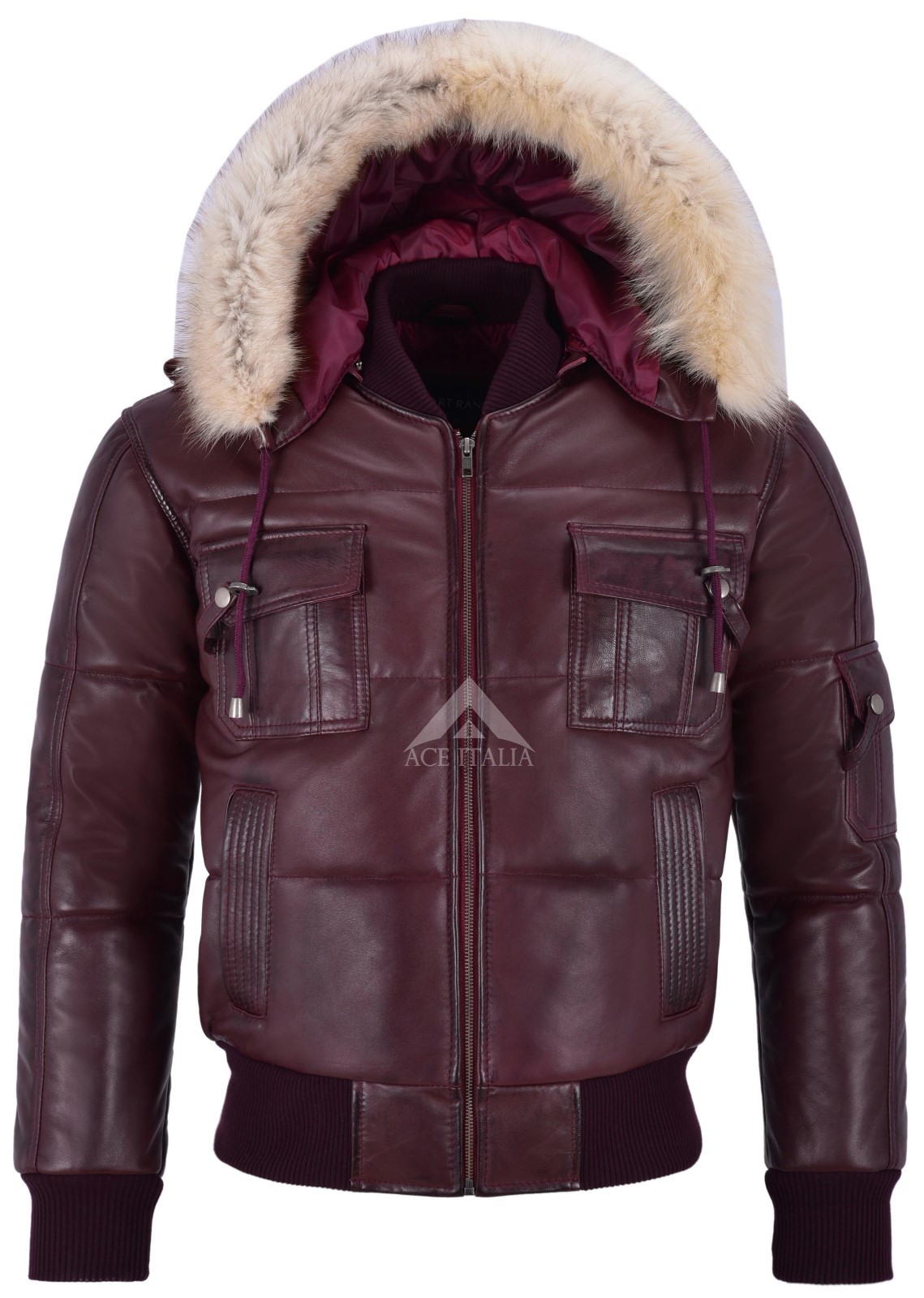 Men’s Puffers Hooded Bomber Jacket Cherry Real Lambskin Leather Pilot 6 Puffer