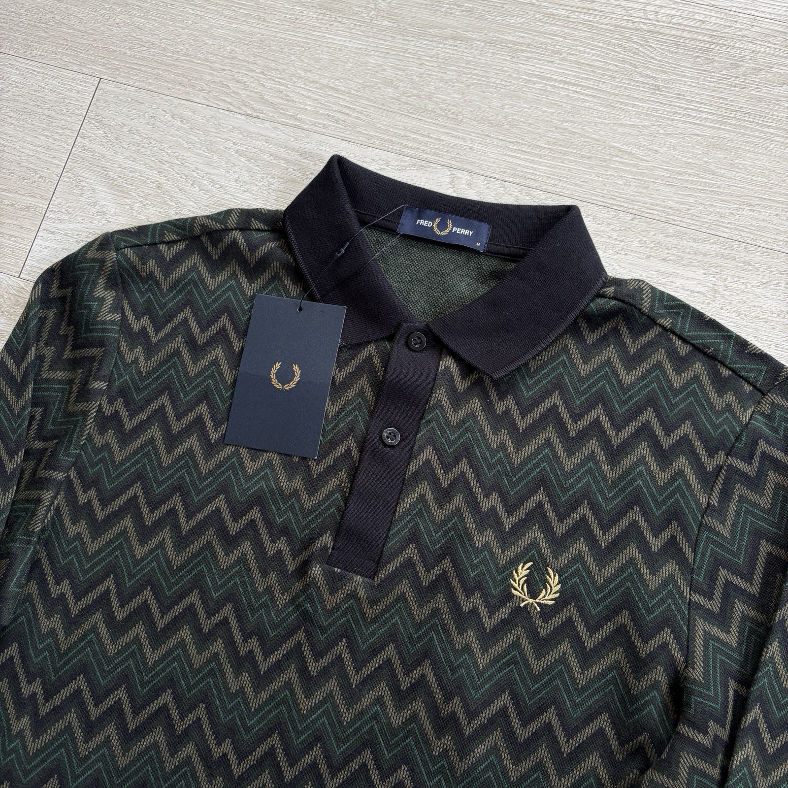 BNWT Fred Perry Jacquard L/Sleeve Knit Polo Shirt Night Green Mens Size Medium
