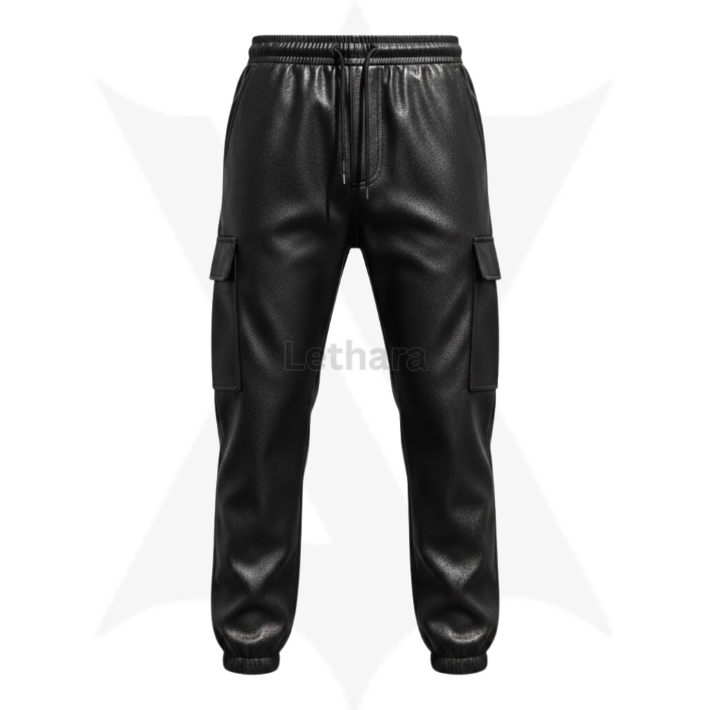 Real Lambskin Leather Cargo Pants Men Joggers Trousers Elastic Waist Black