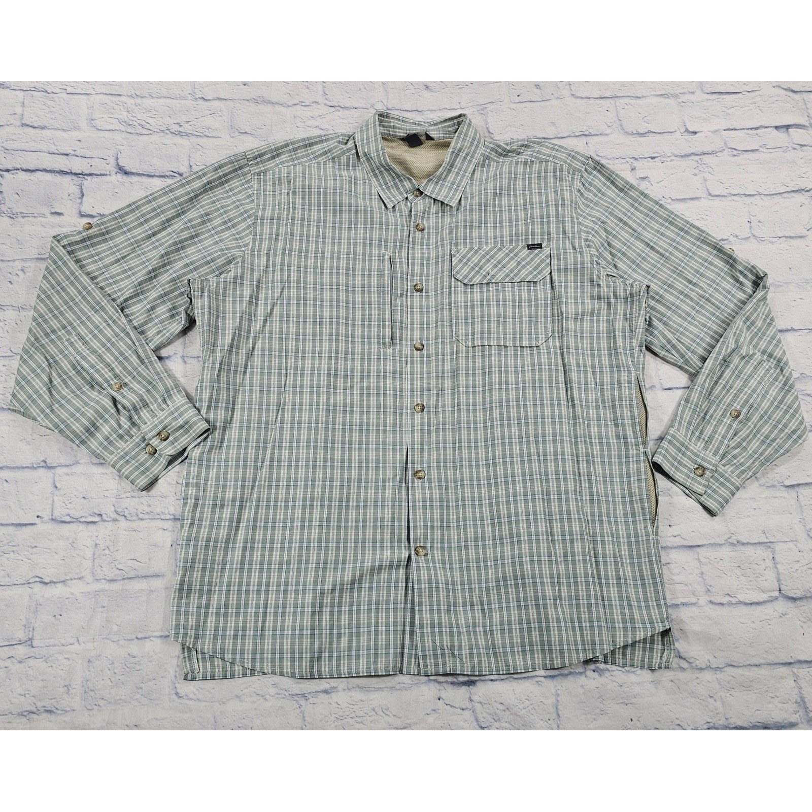 Eddie Bauer Travex Shirt Mens XL Green Plaid Vented Long Sleeve Hiking Outdoor