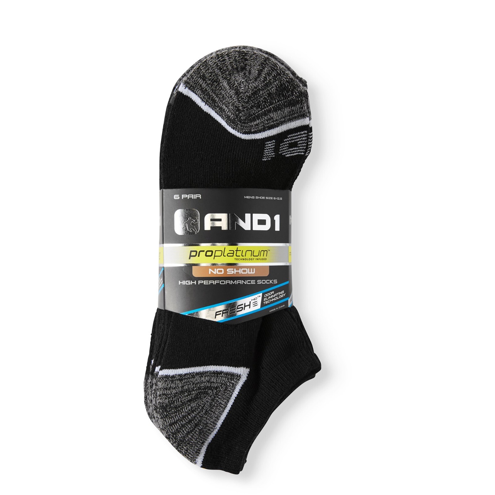 AND1® Men’s Pro Platinum NO SHOW Socks 6-Pack ” FRESH~HIGH PERFORMANCE ” A1NS02