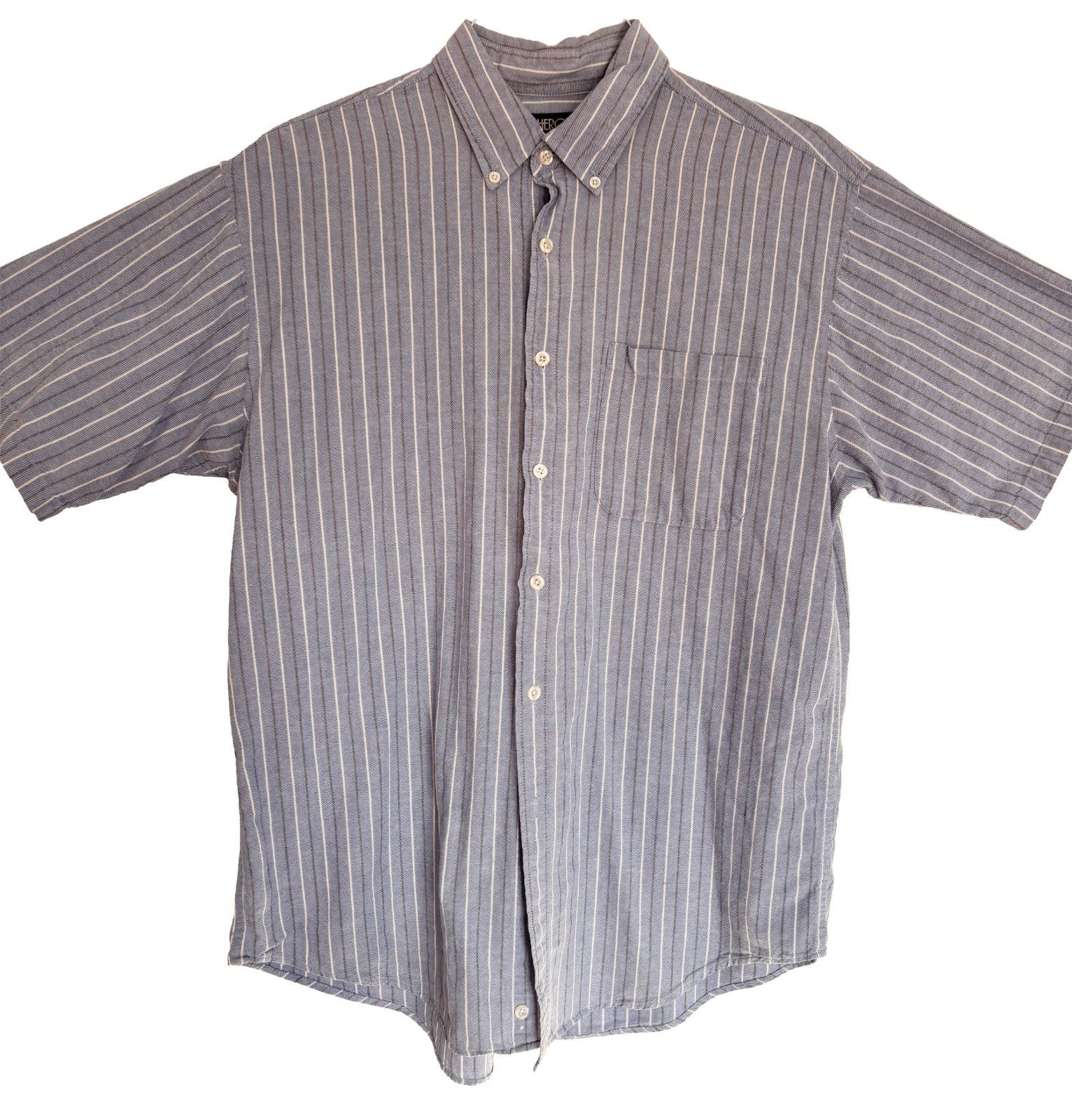 Cherokee Men’s Large Blue White Striped Button Front Shirt Cotton Short Sleeve