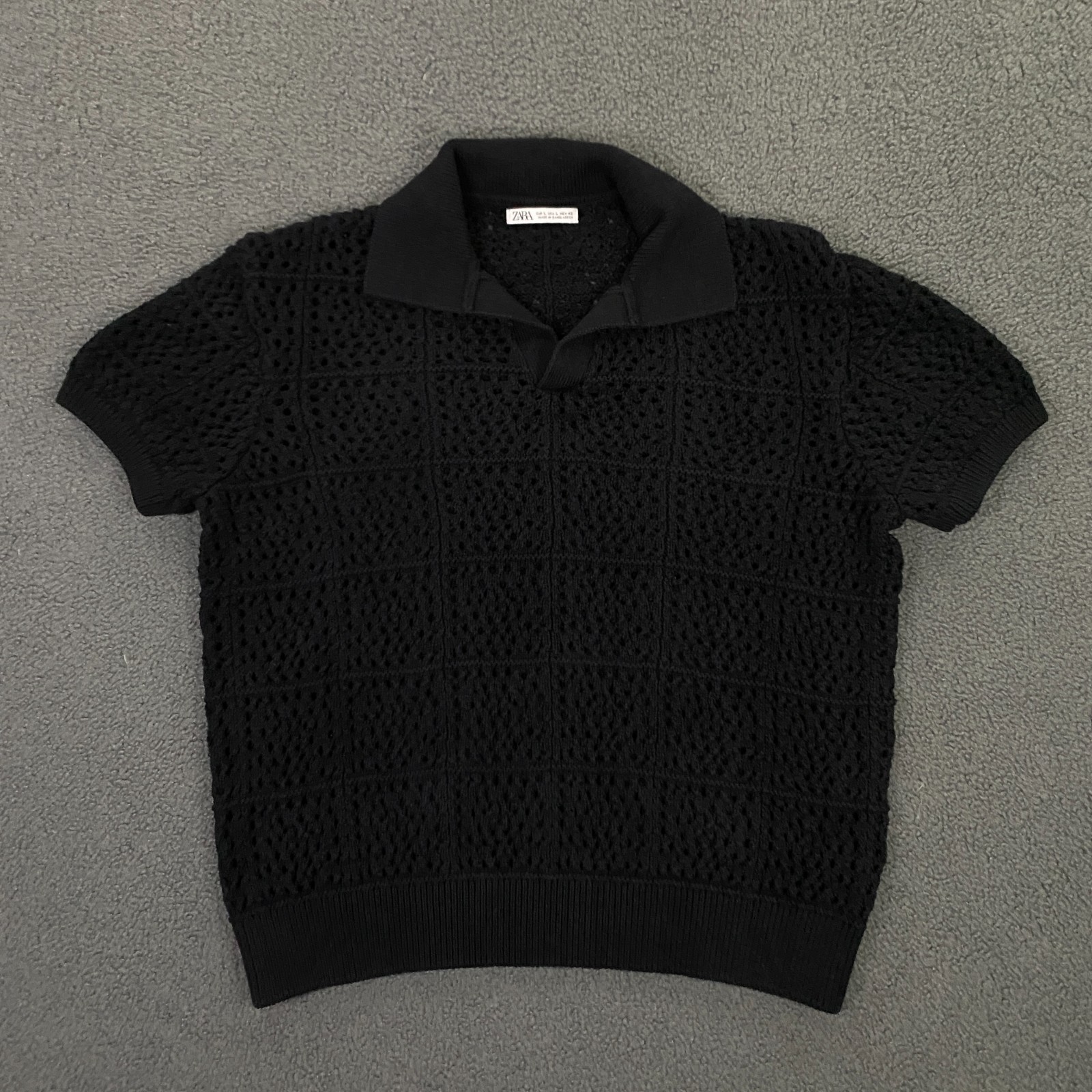 Zara Shirt Mens Large Open Knit Crochet Polo Stretch Crop Resort Vacation Black