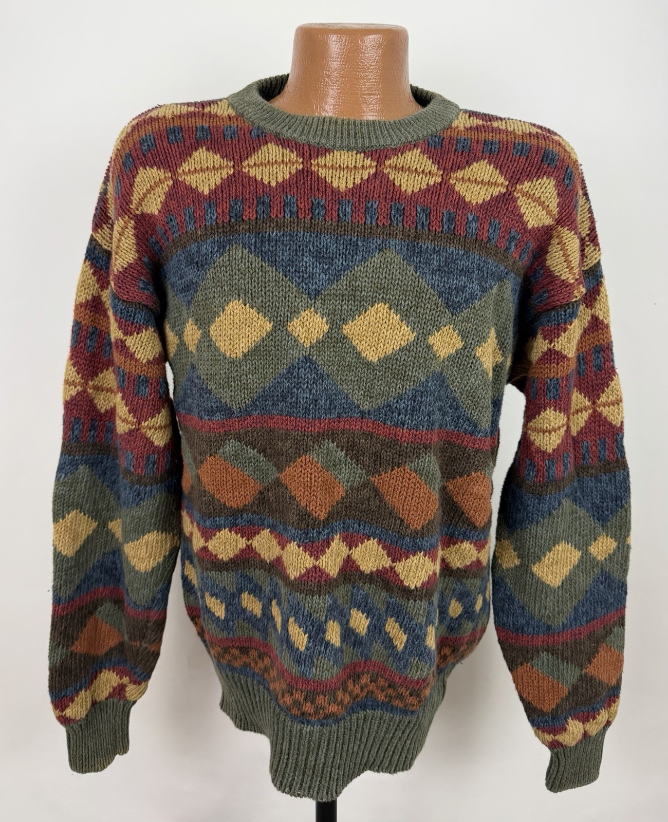 Vintage 90s Dad Sweater Mens Medium Colorful Earth Tone Geometric Diamond Knit